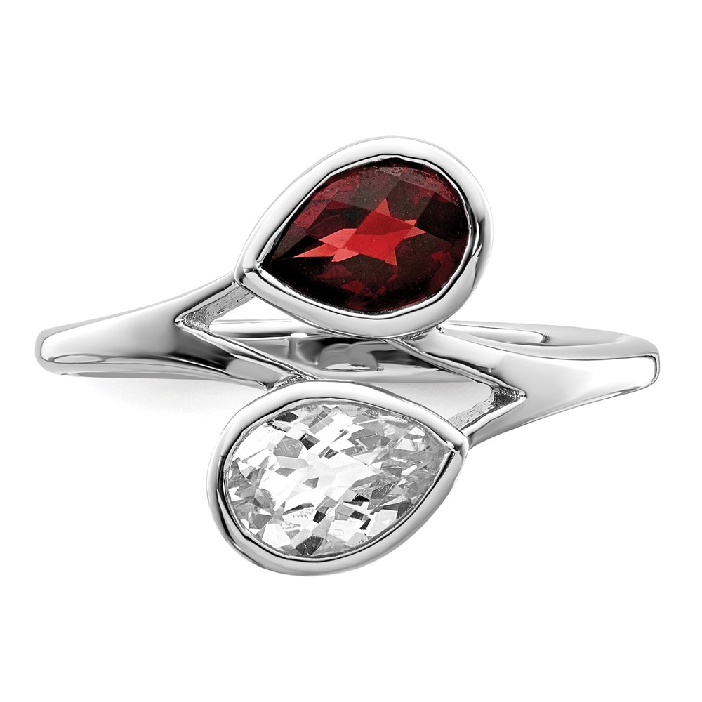 Sterling Silver Rhodium-plated Polished Garnet & White Topaz ByPass Ring (QR7420GA-6)