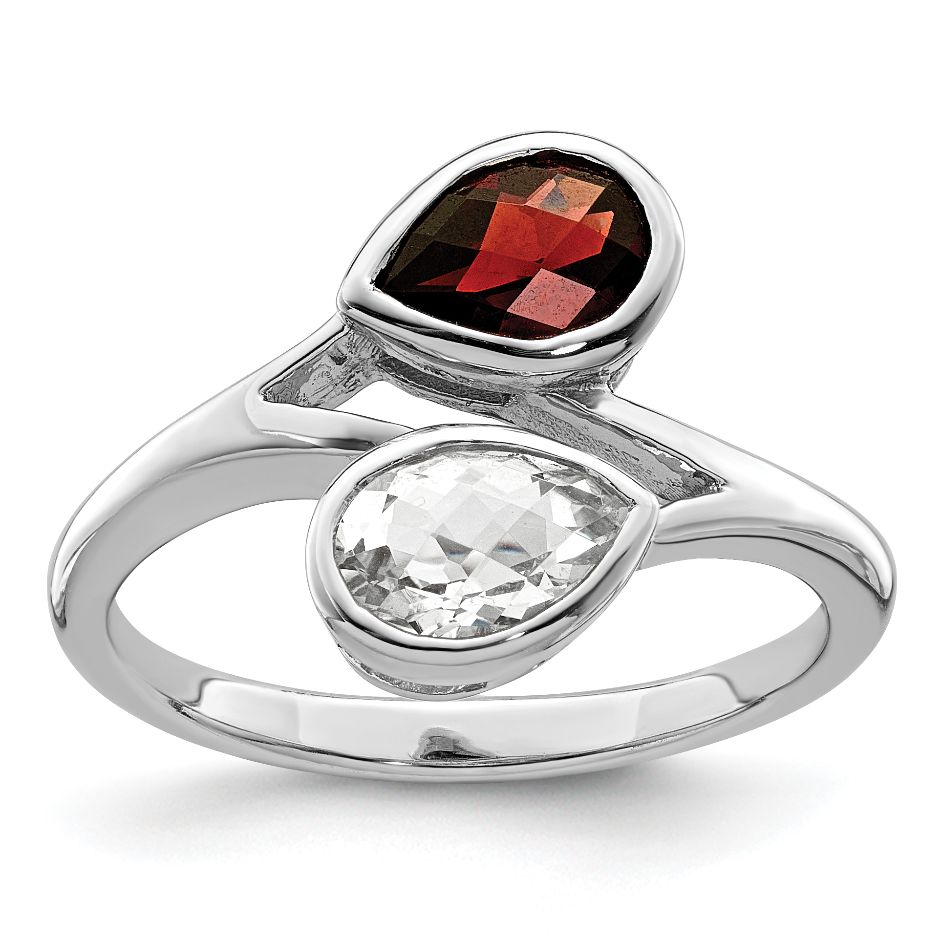 Sterling Silver Rhodium-plated Polished Garnet & White Topaz ByPass Ring (QR7420GA-6)