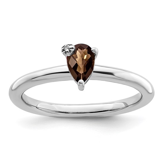 Sterling Silver Rhodium-plated Pear Smoky Quartz & White Topaz Ring