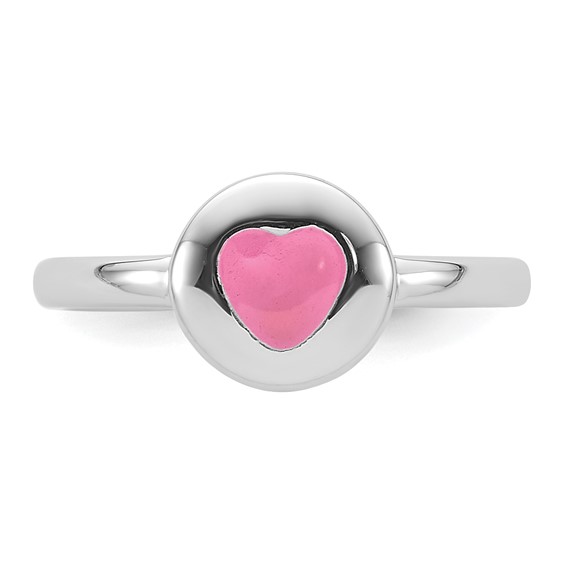 Sterling Silver Rhodium-plated Polished Pink Enamel Heart Children's Ring