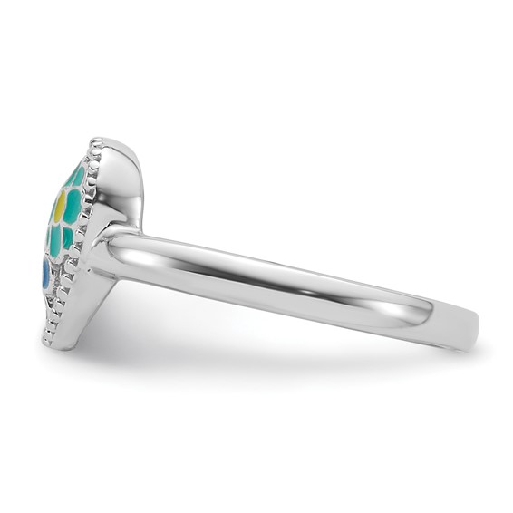 Sterling Silver RH-plated Beaded & Enameled Floral Heart Children's Ring