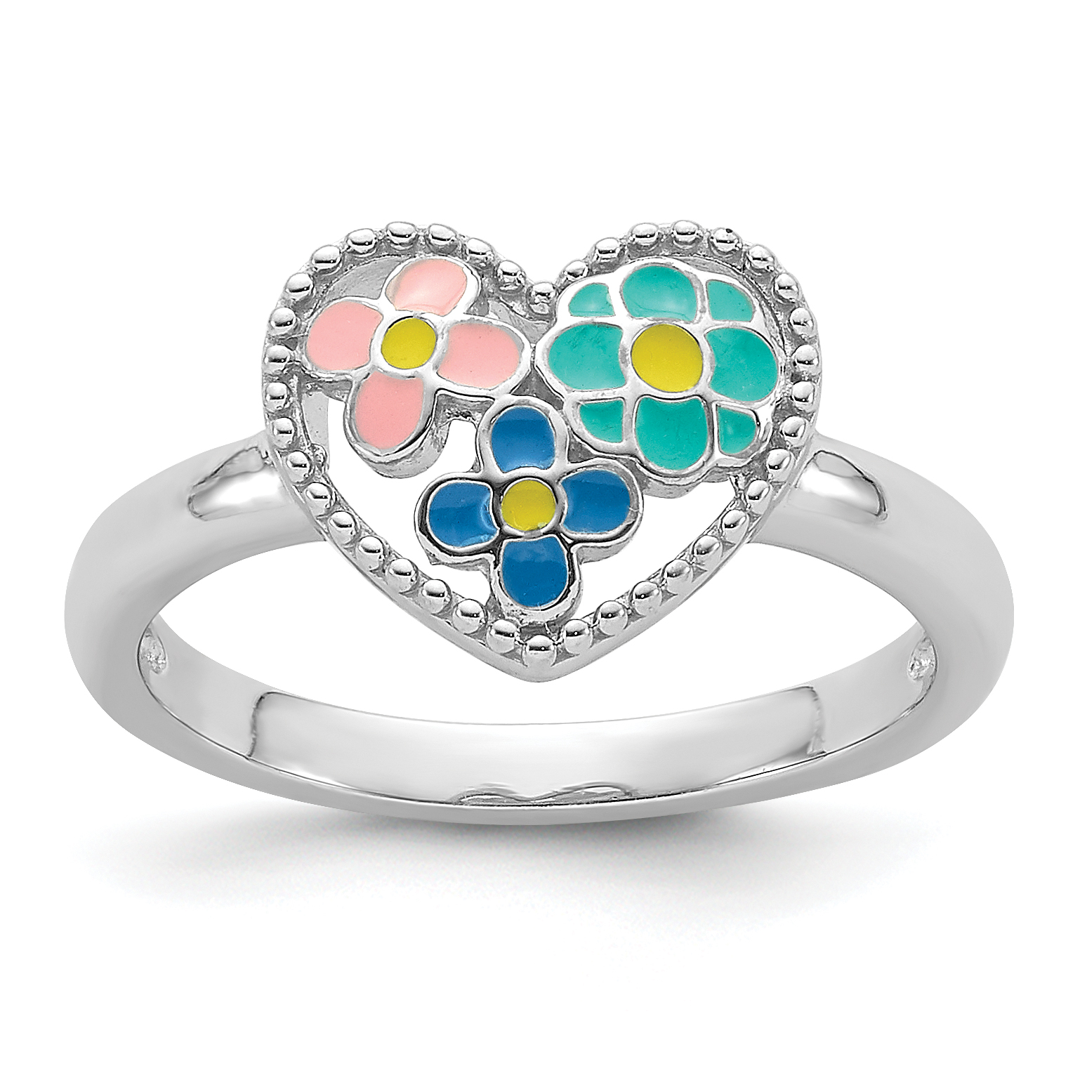 Sterling Silver RH-plated Beaded & Enameled Floral Heart Children's Ring (QR7427-4)