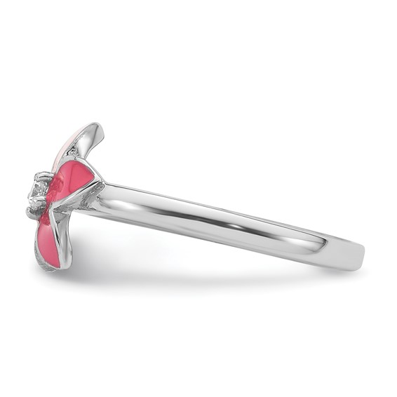 Sterling Silver RH-plated Pink Enameled & CZ Flower Children's Ring