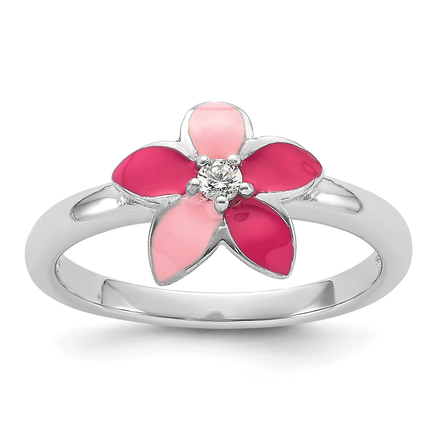 Sterling Silver RH-plated Pink Enameled & CZ Flower Children's Ring (QR7428-3)