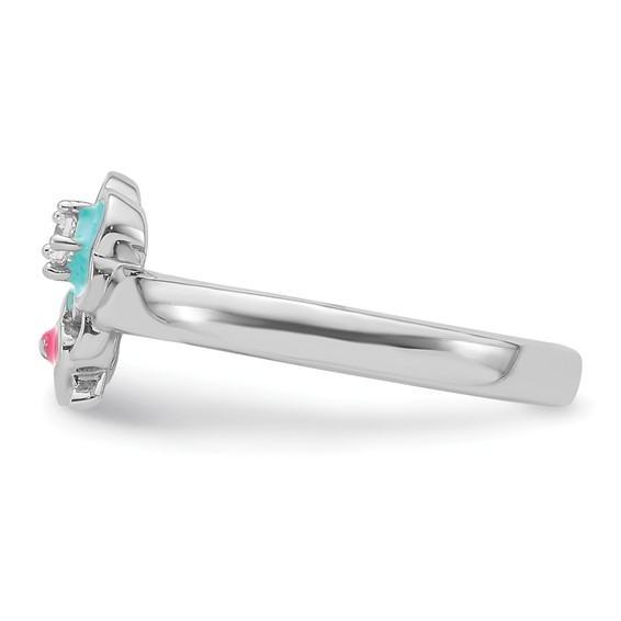 Sterling Silver RH-plated Blue/Pink Enameled & CZ Floral Children's Ring
