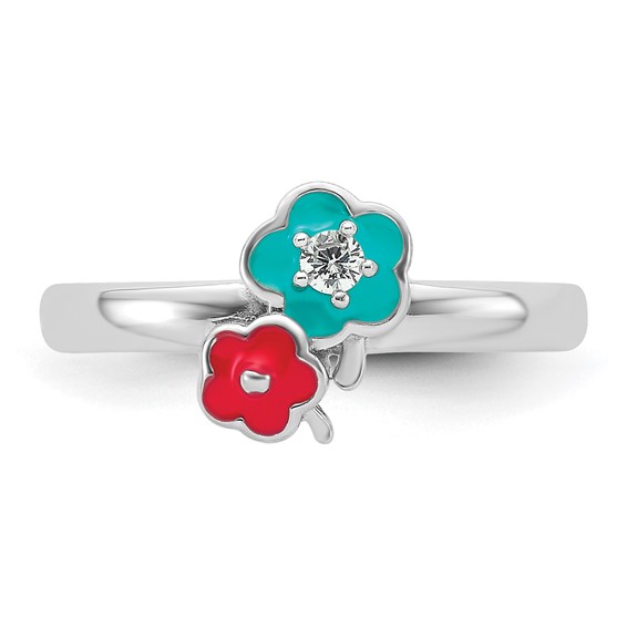 Sterling Silver RH-plated Blue/Pink Enameled & CZ Floral Children's Ring