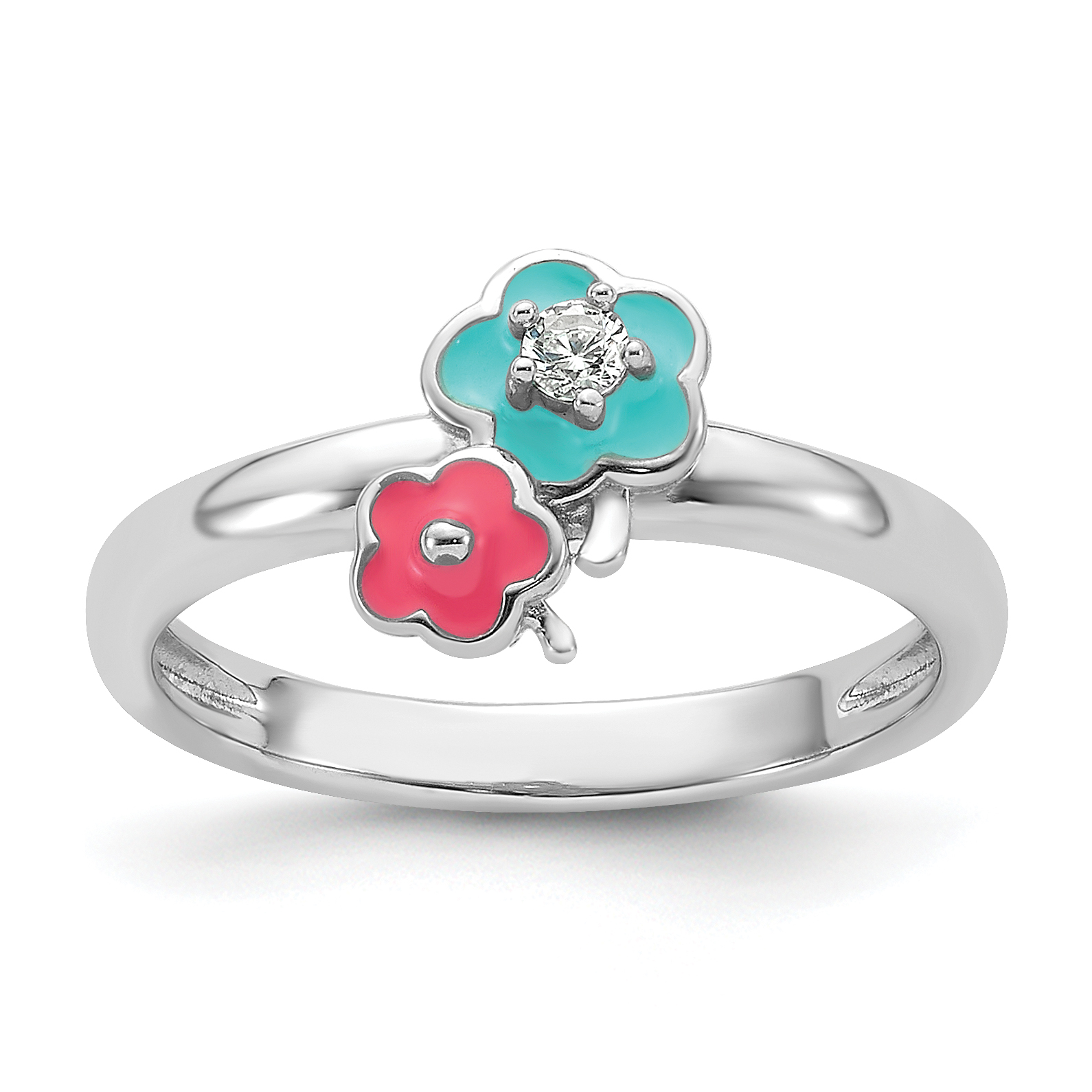 Sterling Silver RH-plated Blue/Pink Enameled & CZ Floral Children's Ring (QR7429-3)