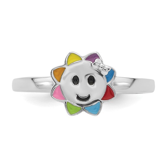 Sterling Silver RH-plated Multi-color Enameled Smiling Sun Children's Ring