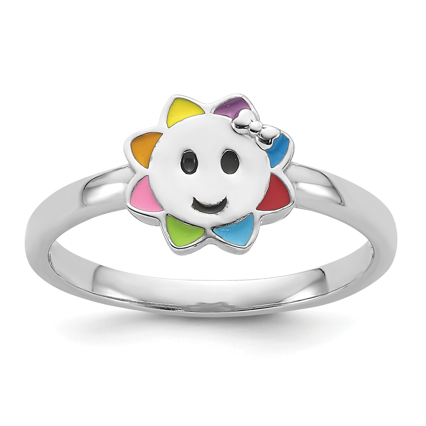 Sterling Silver RH-plated Multi-color Enameled Smiling Sun Children's Ring (QR7430-4)
