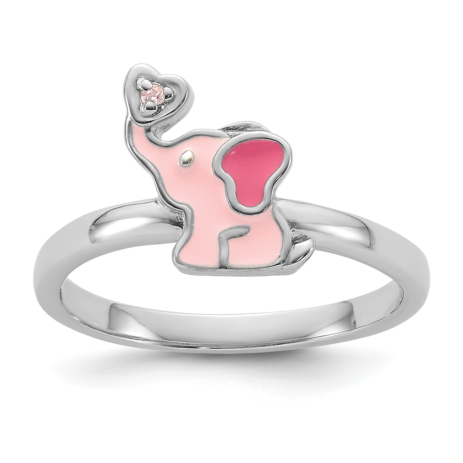 Sterling Silver Rhodium-plated Pink Enamel & CZ Elephant Children's Ring (QR7432-3)