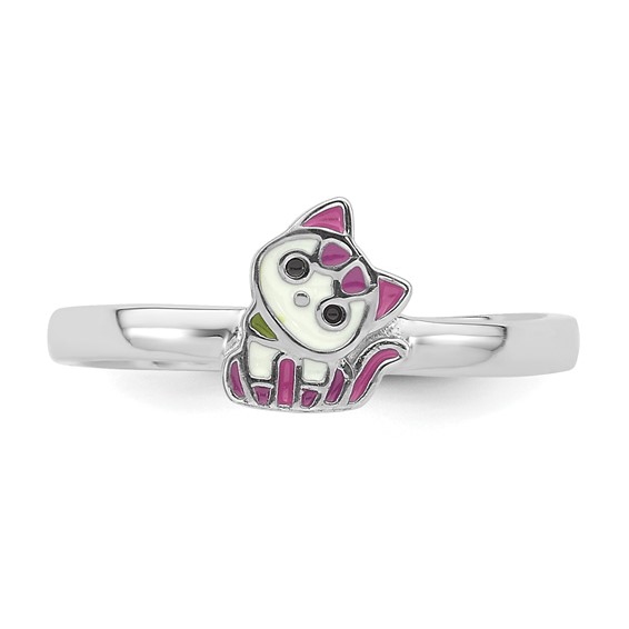 Sterling Silver Rhodium-plated Multi-color Enameled Cat Children's Ring