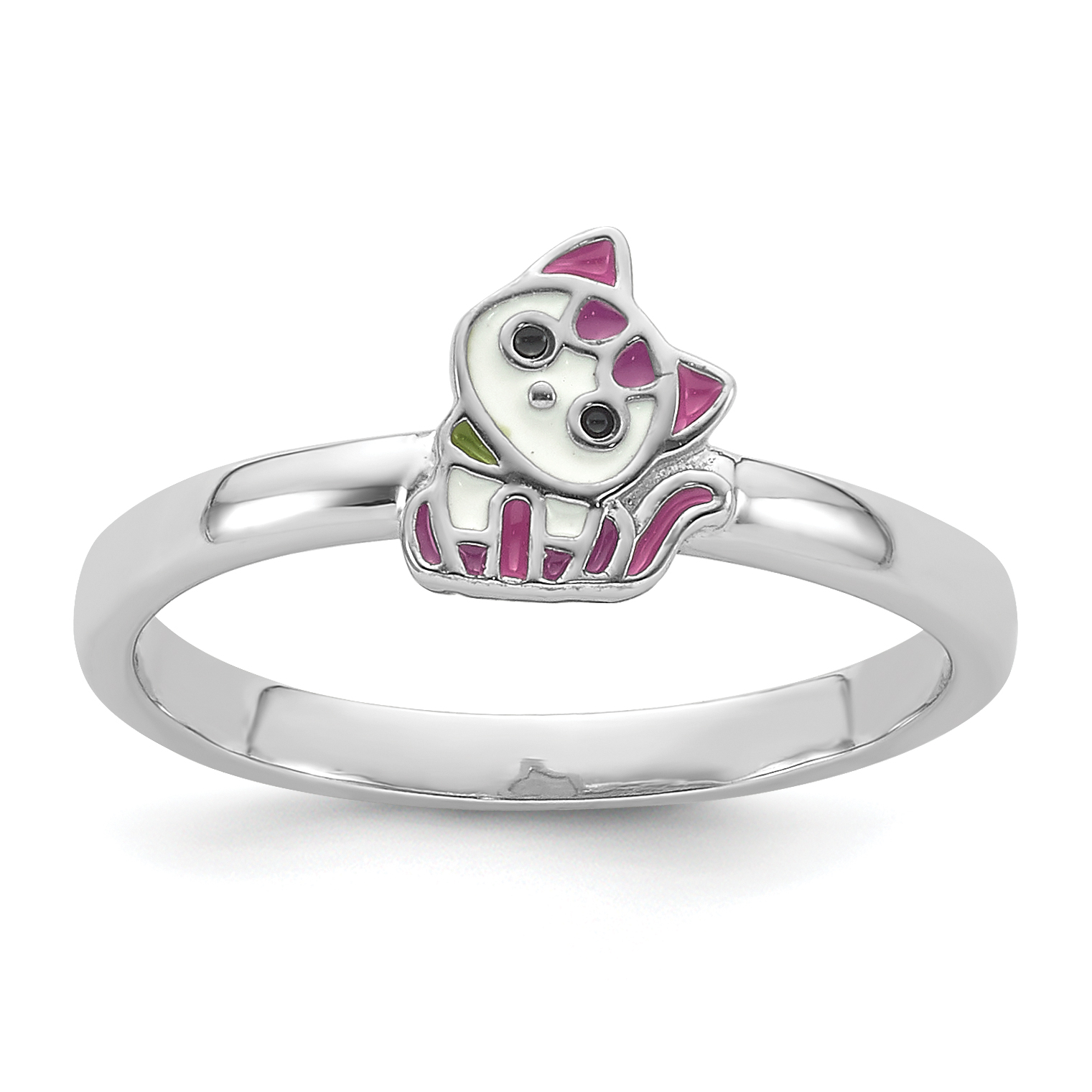 Sterling Silver Rhodium-plated Multi-color Enameled Cat Children's Ring (QR7433-3)