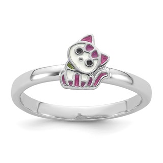 Sterling Silver Rhodium-plated Multi-color Enameled Cat Children's Ring