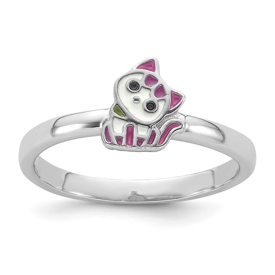 Sterling Silver Rhodium-plated Multi-color Enameled Cat Children's Ring