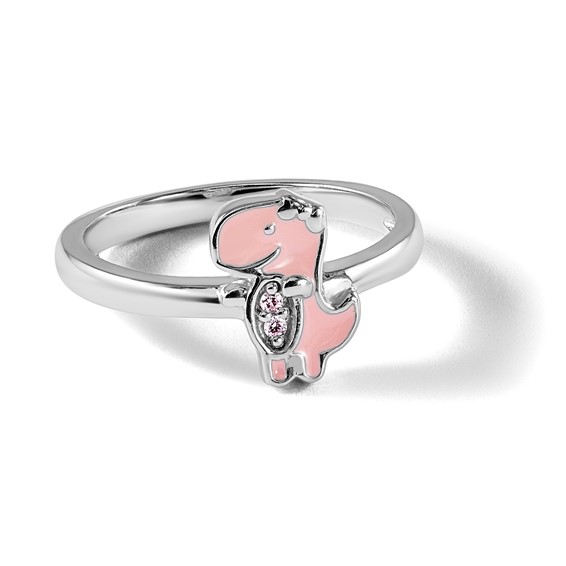 Sterling Silver Rhodium-plated Pink Enamel & CZ Dinosaur Children's Ring