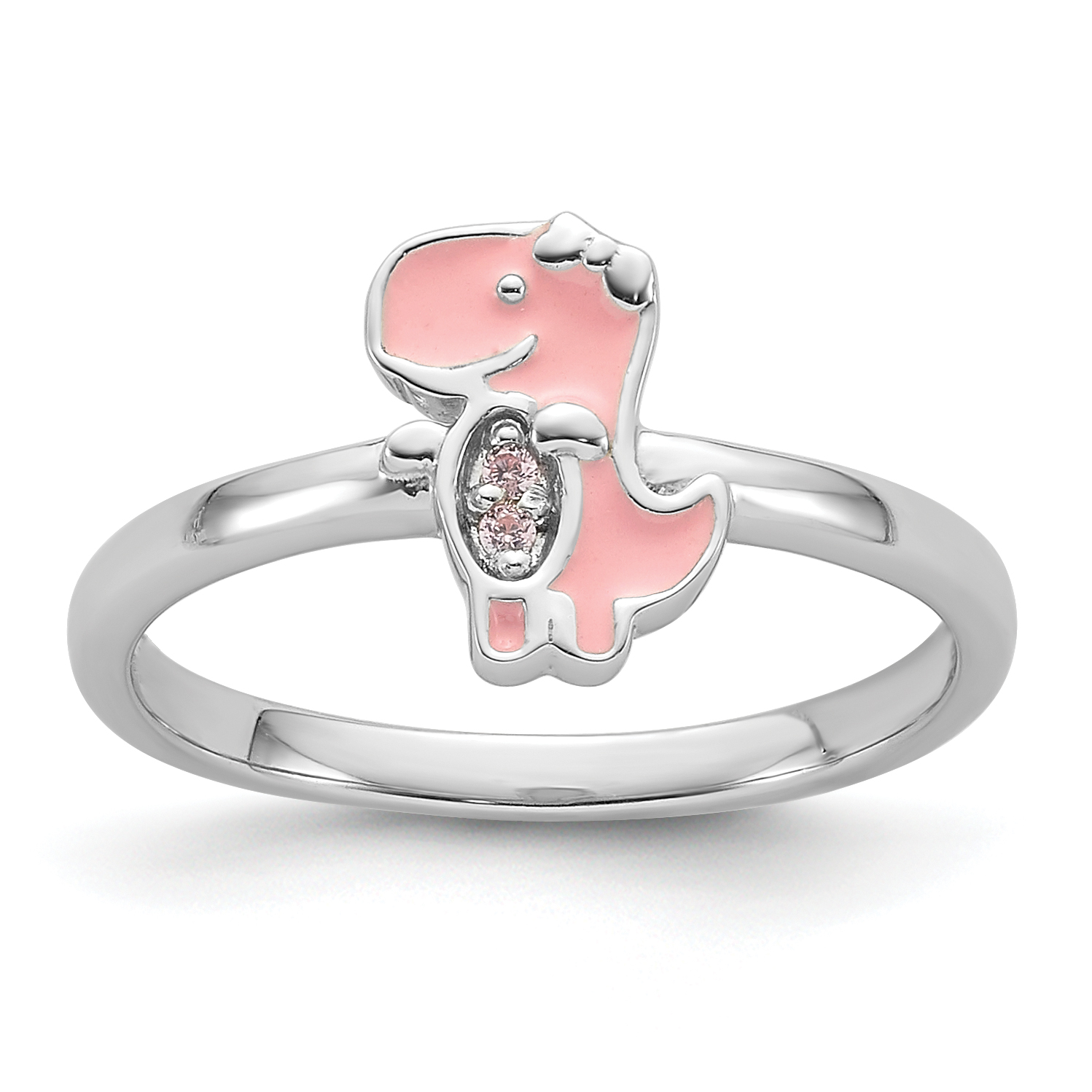 Sterling Silver Rhodium-plated Pink Enamel & CZ Dinosaur Children's Ring (QR7435-3)