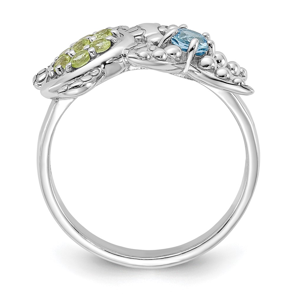 Sterling Silver Rhodium-plated Peridot and Light Swiss Blue Topaz Turtle and Starfish Ring (QR7442PE-8)