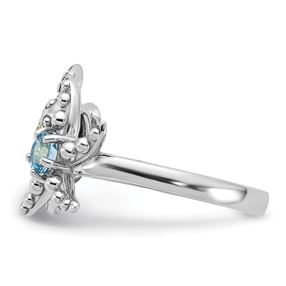 Sterling Silver Rhodium-plated Peridot and Light Swiss Blue Topaz Turtle and Starfish Ring (QR7442PE-8)