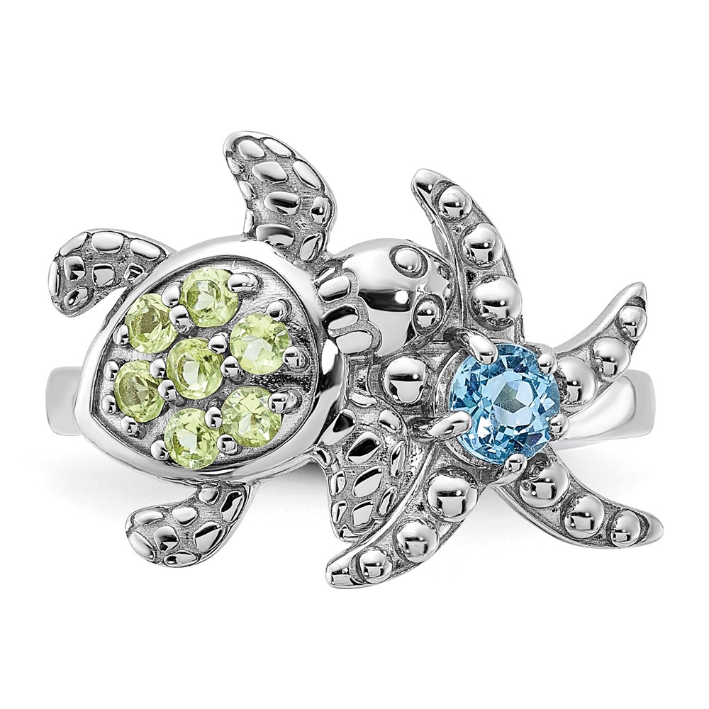 Sterling Silver Rhodium-plated Peridot and Light Swiss Blue Topaz Turtle and Starfish Ring (QR7442PE-8)