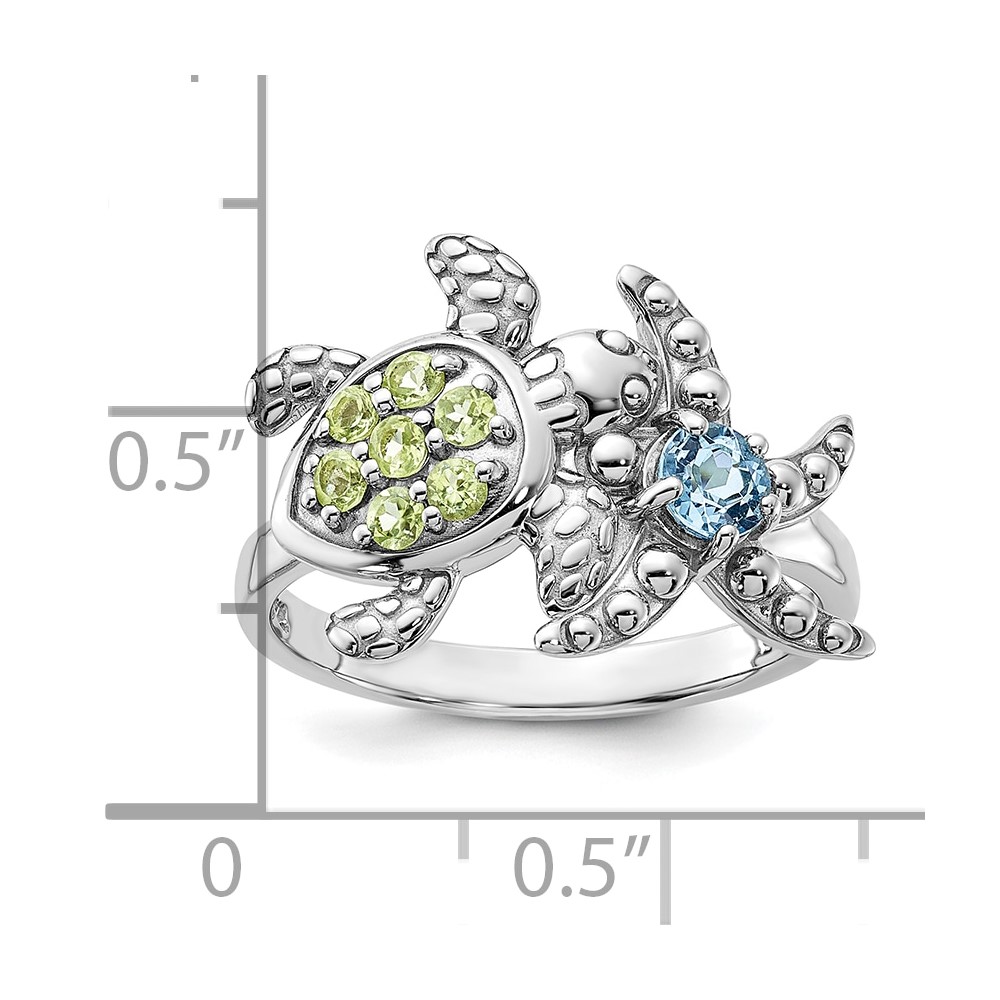 Sterling Silver Rhodium-plated Peridot and Light Swiss Blue Topaz Turtle and Starfish Ring (QR7442PE-8)
