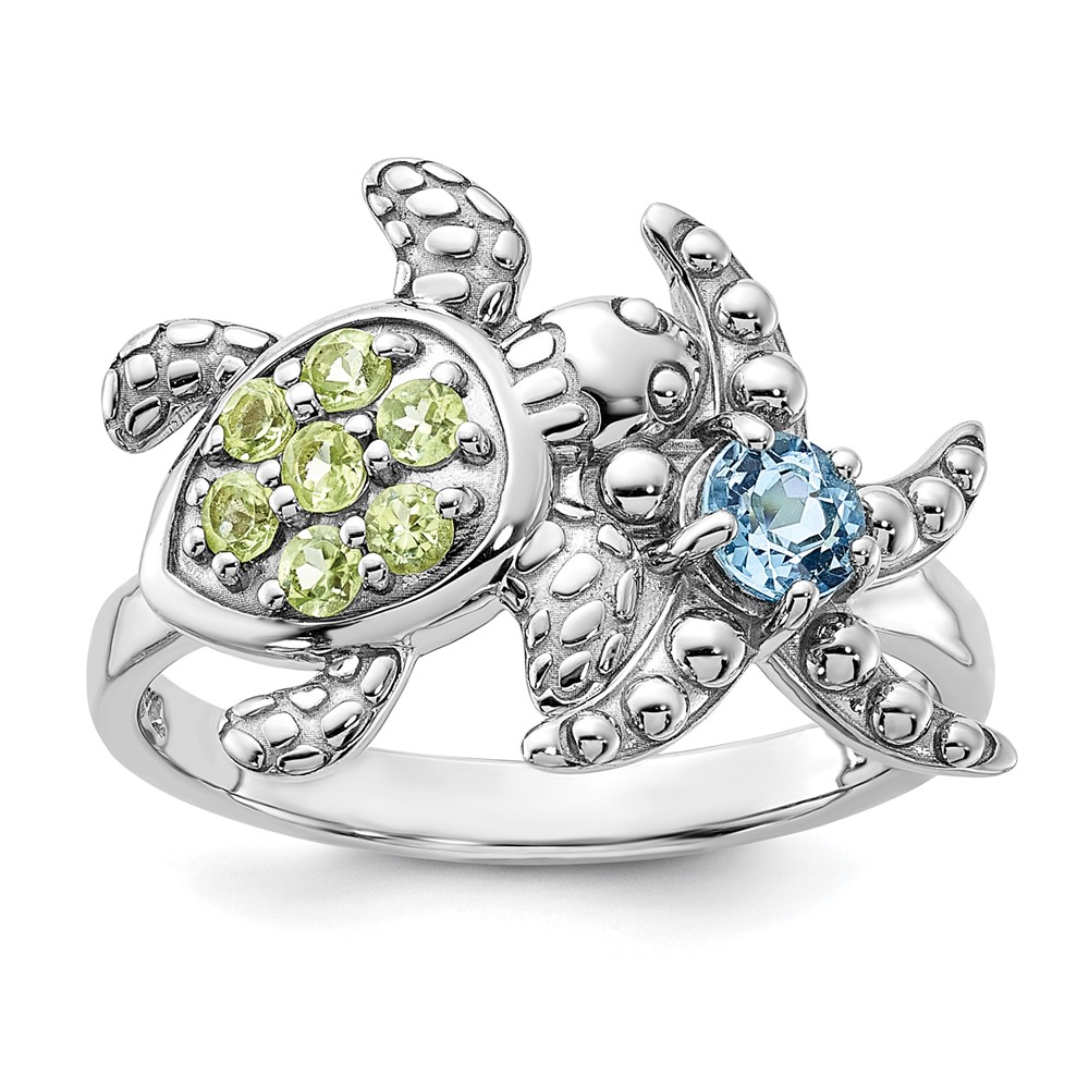 Sterling Silver Rhodium-plated Peridot and Light Swiss Blue Topaz Turtle and Starfish Ring (QR7442PE-8)