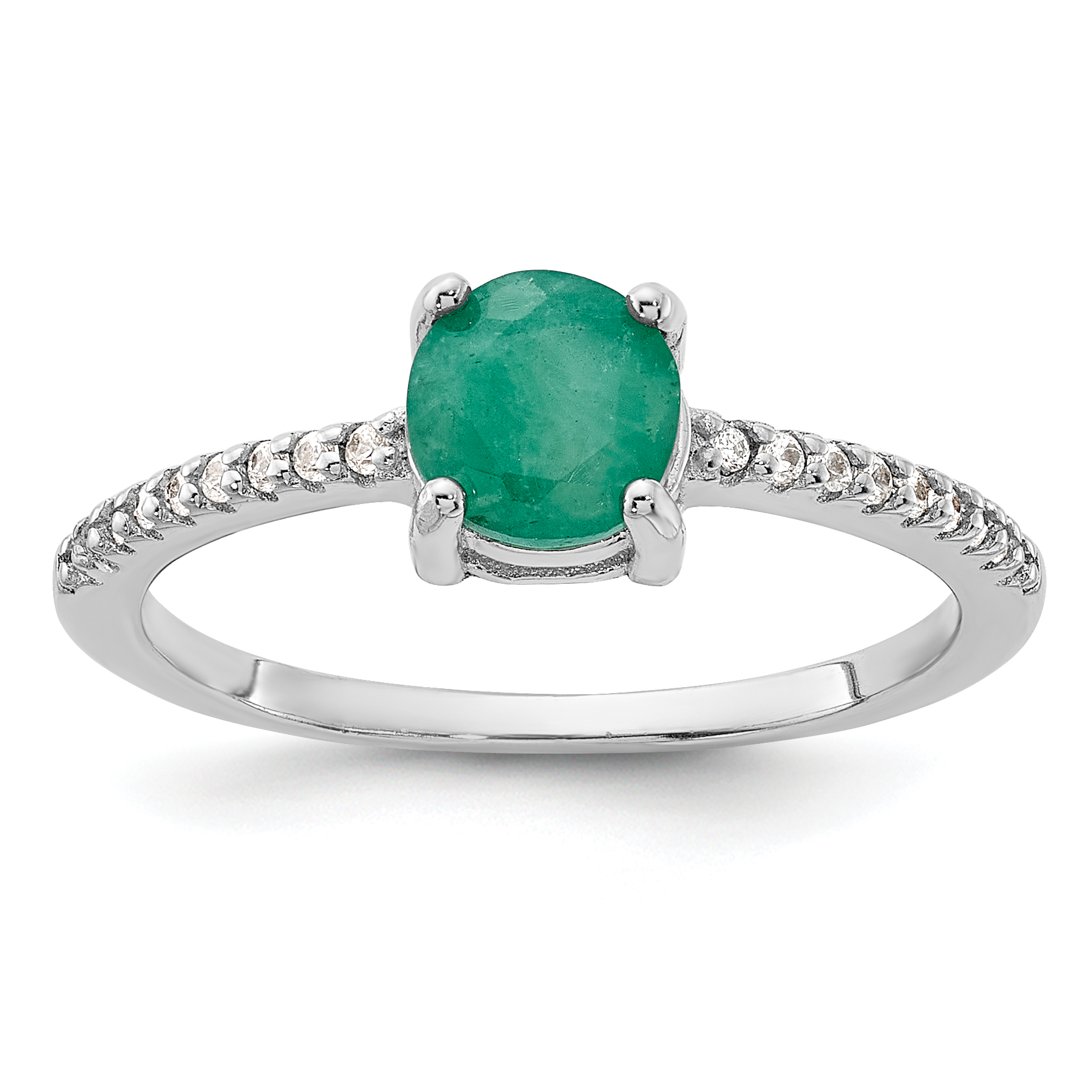Sterling Silver Rh-plated-plated  1.0EM Emerald and .12WT White Topaz Ring (QR7443E-6)