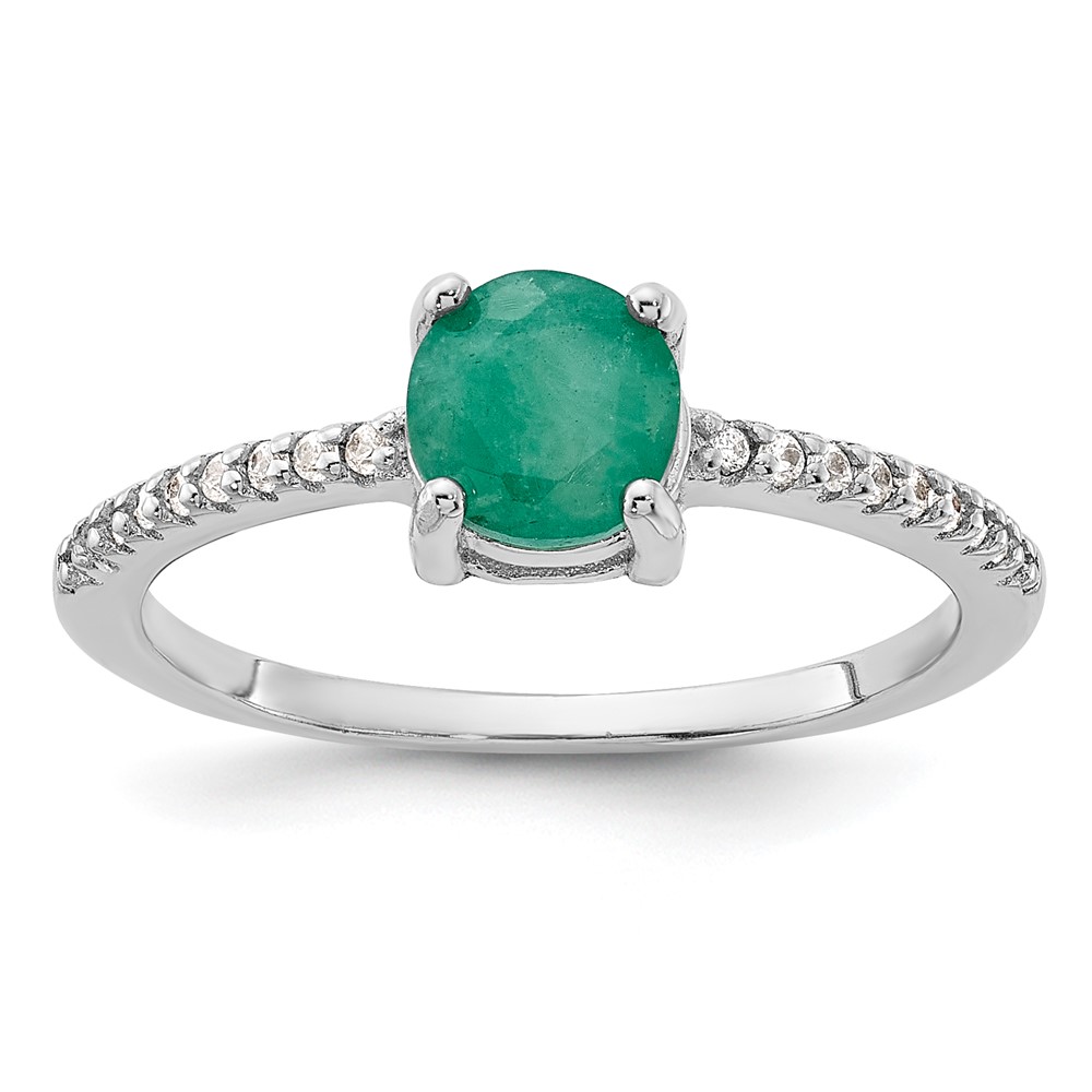 Sterling Silver Rh-plated-plated  1.0EM Emerald and .12WT White Topaz Ring (QR7443E-6)
