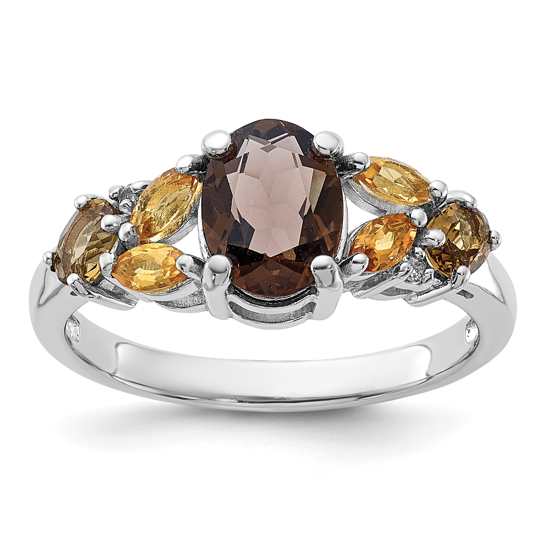 SS Rhodium Smoky and Whiskey Quartz Citrine White Topaz Ring (QR7444SQ-7)