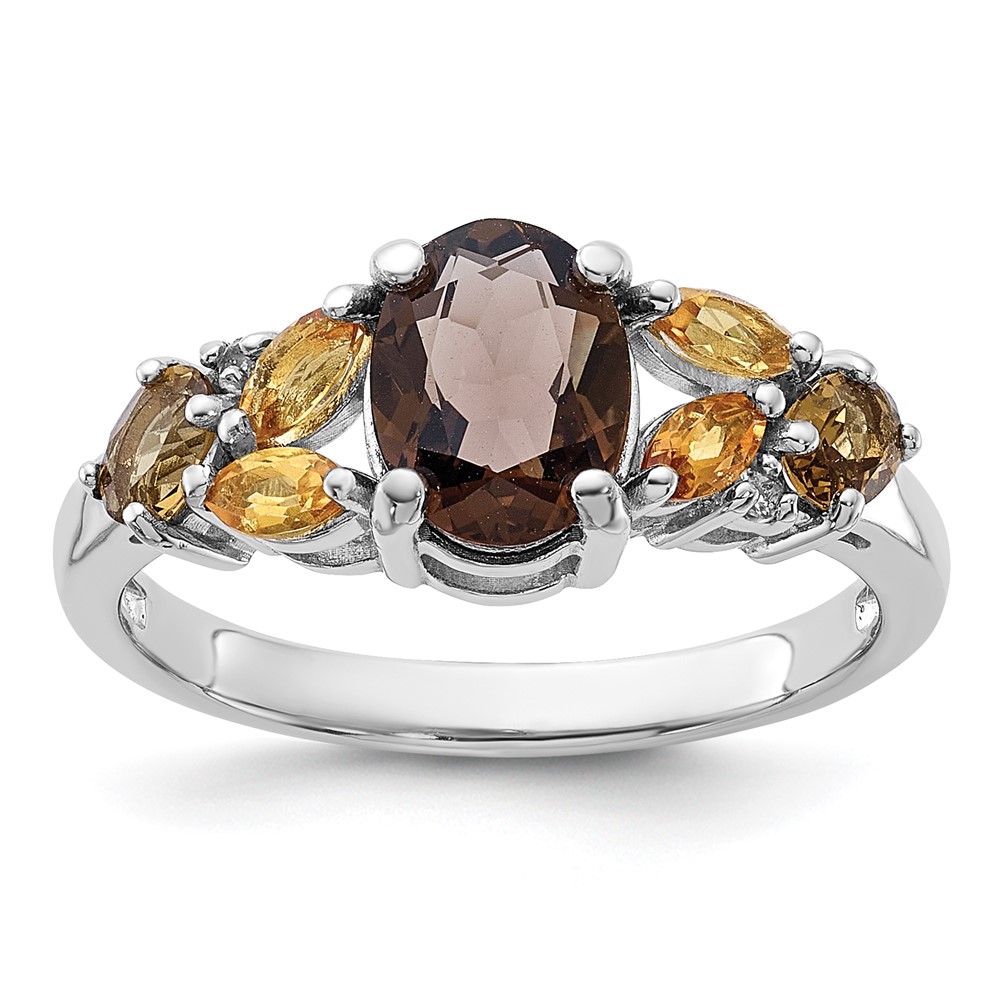 SS Rhodium Smoky and Whiskey Quartz Citrine White Topaz Ring (QR7444SQ-7)