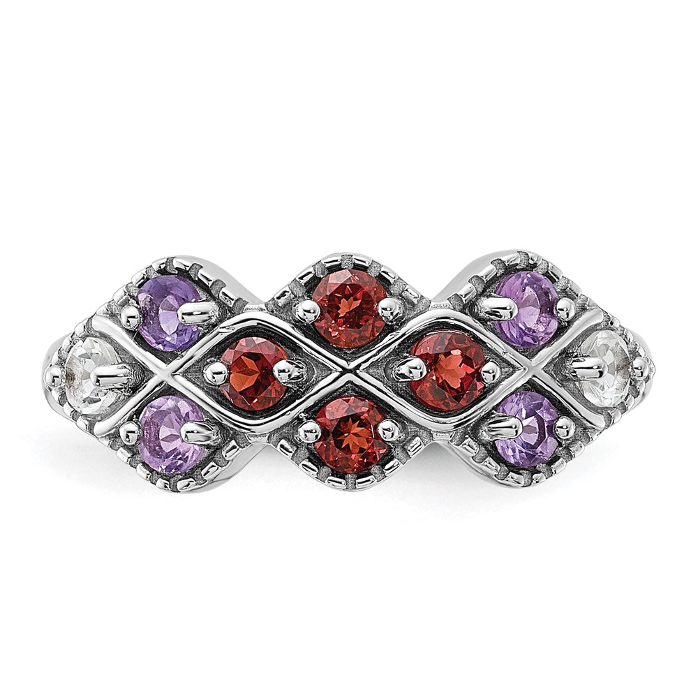 Sterling Silver Rhodium-plated Garnet Amethyst and White Topaz Ring (QR7447GA-6)