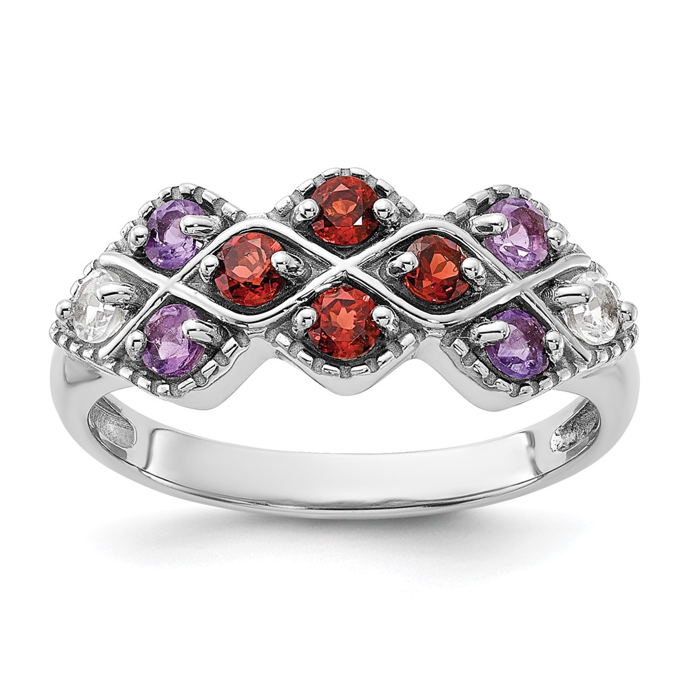 Sterling Silver Rhodium-plated Garnet Amethyst and White Topaz Ring (QR7447GA-6)