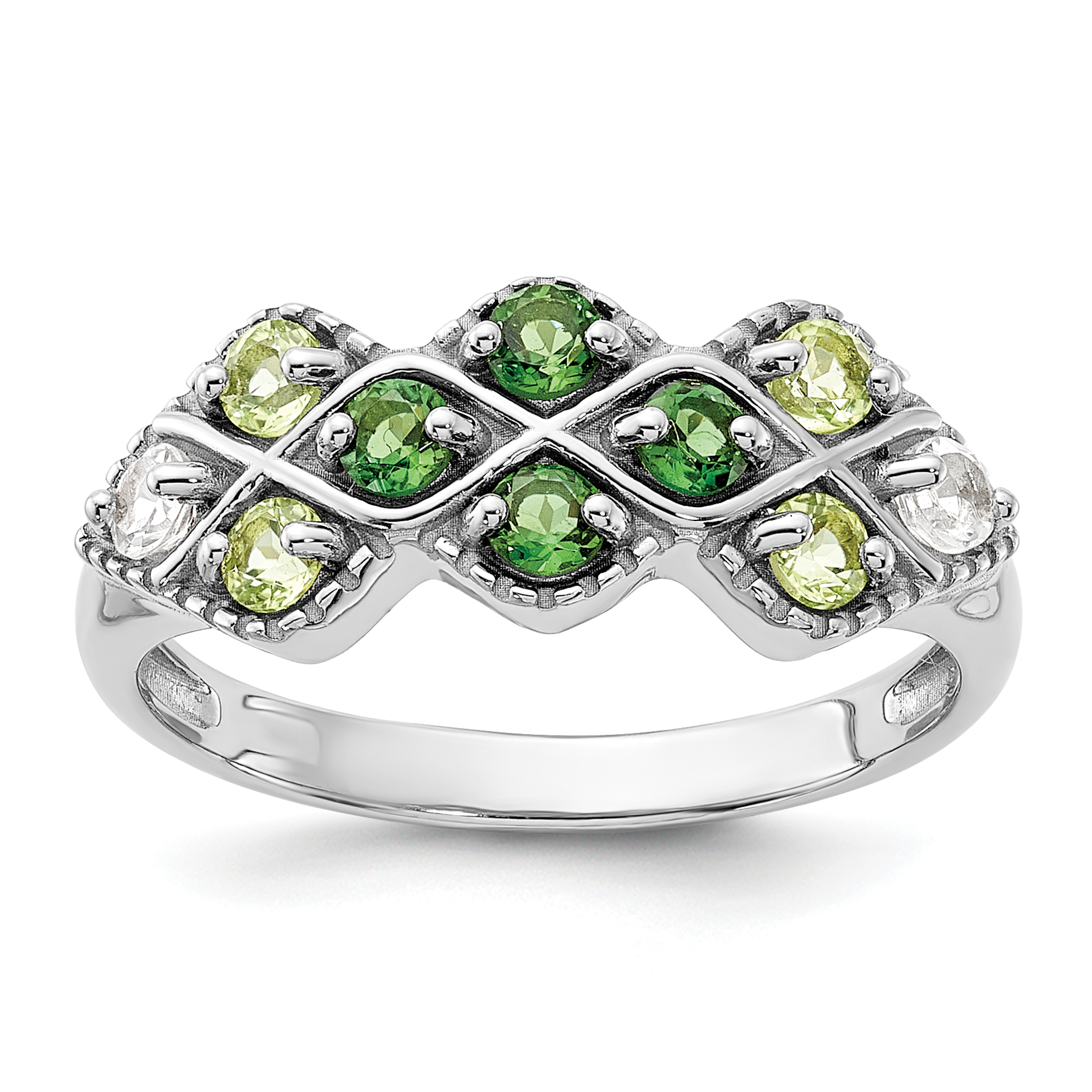 Sterling Silver Rhodium Chrome Diopside Peridot and White Topaz Ring (QR7447PE-7)