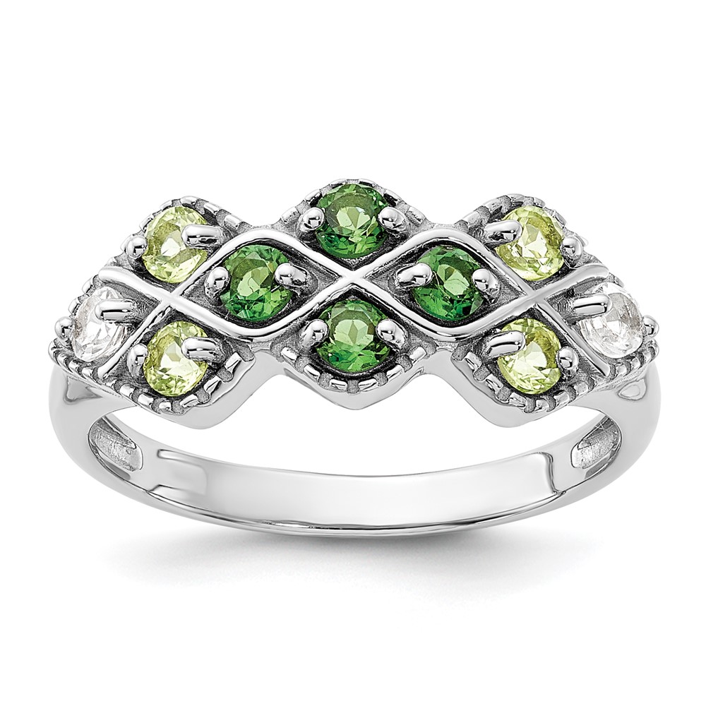 Sterling Silver Rhodium Chrome Diopside Peridot and White Topaz Ring (QR7447PE-7)
