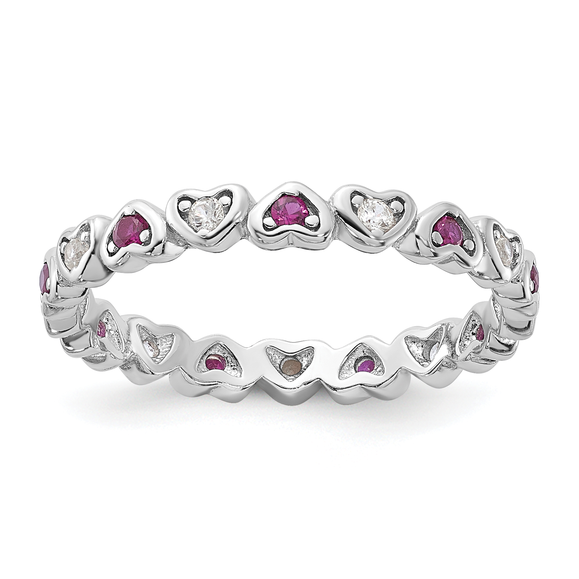 SS Rhodium-plated .14Lab Cr. Ruby and .27Cr. Wh Sapphire Heart Ring (QR7451-6)