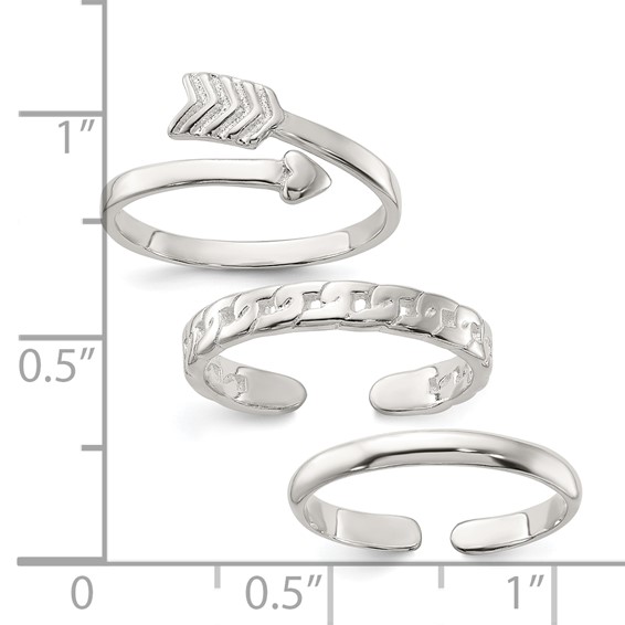 Sterling Silver Polished Arrow/Chain Link/Plain Set of 3 Toe Rings
