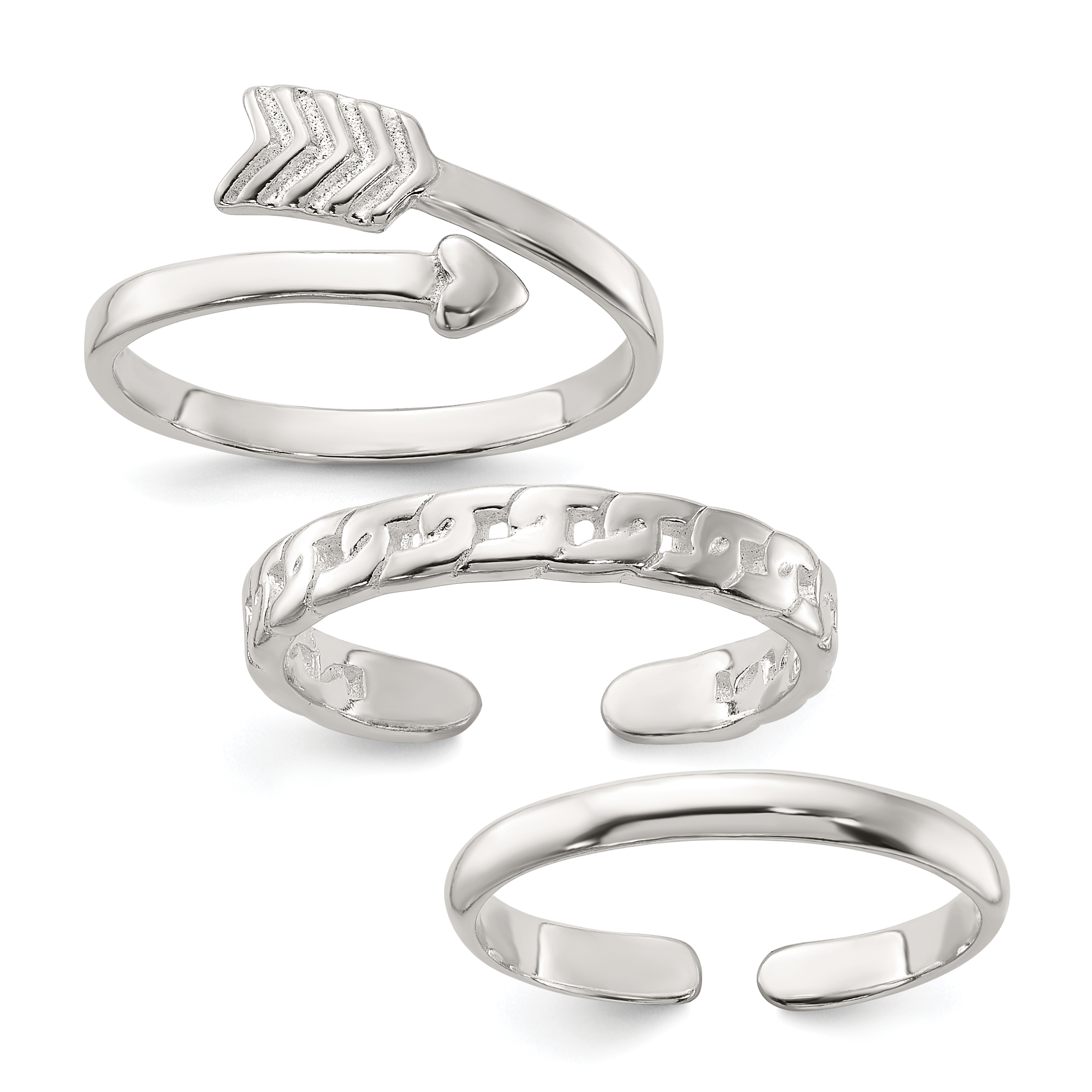 Sterling Silver Polished Arrow/Chain Link/Plain Set of 3 Toe Rings (QR7459SET)