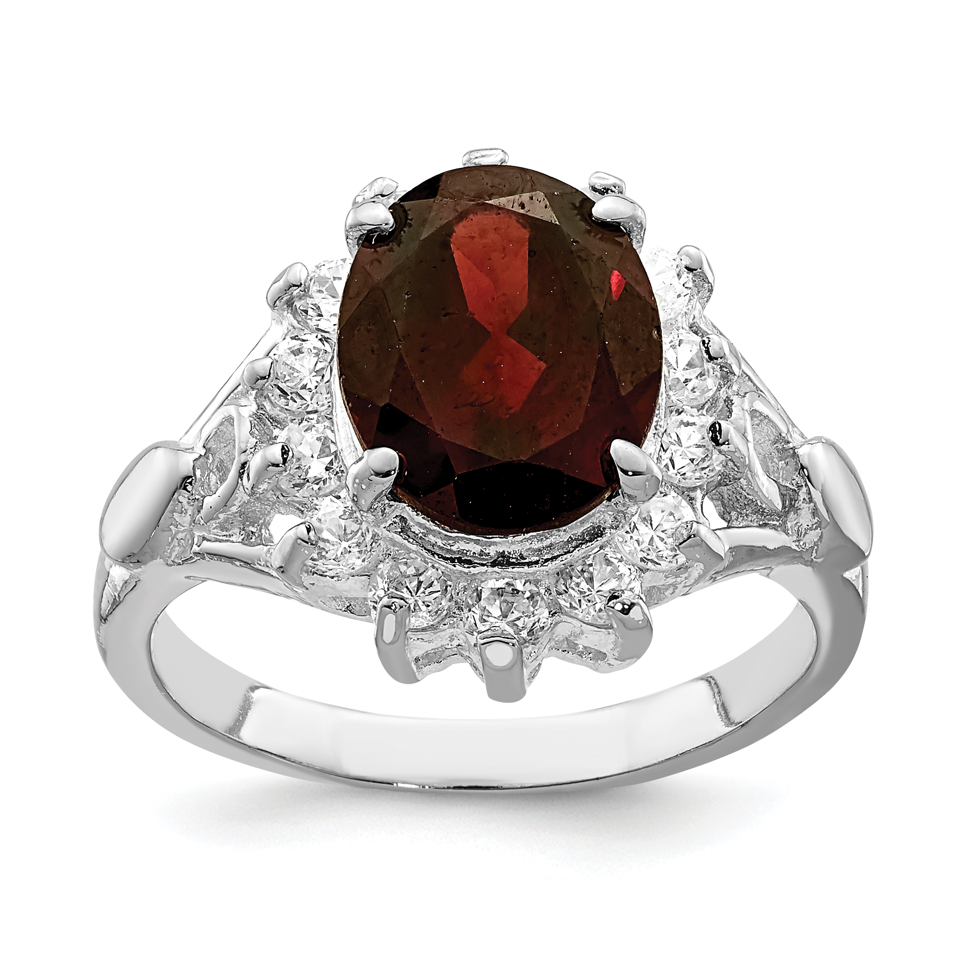 Sterling Silver Rhodium-plated Garnet & CZ Ring (QR746-8)