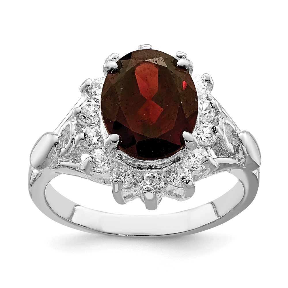 Sterling Silver Rhodium-plated Garnet & CZ Ring (QR746-8)
