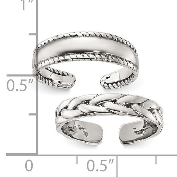 Sterling Silver Polished and Antiqued Set of 2 Toe Rings