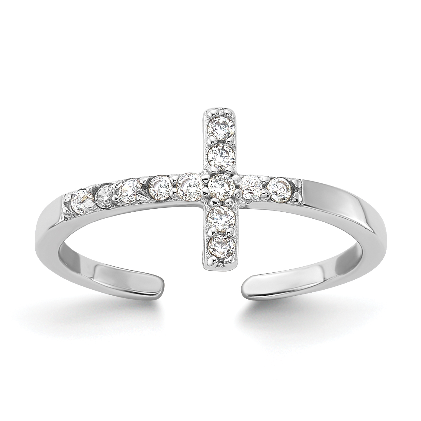 Sterling Silver Rhodium-plated CZ Sideways Cross Toe Ring (QR7465)
