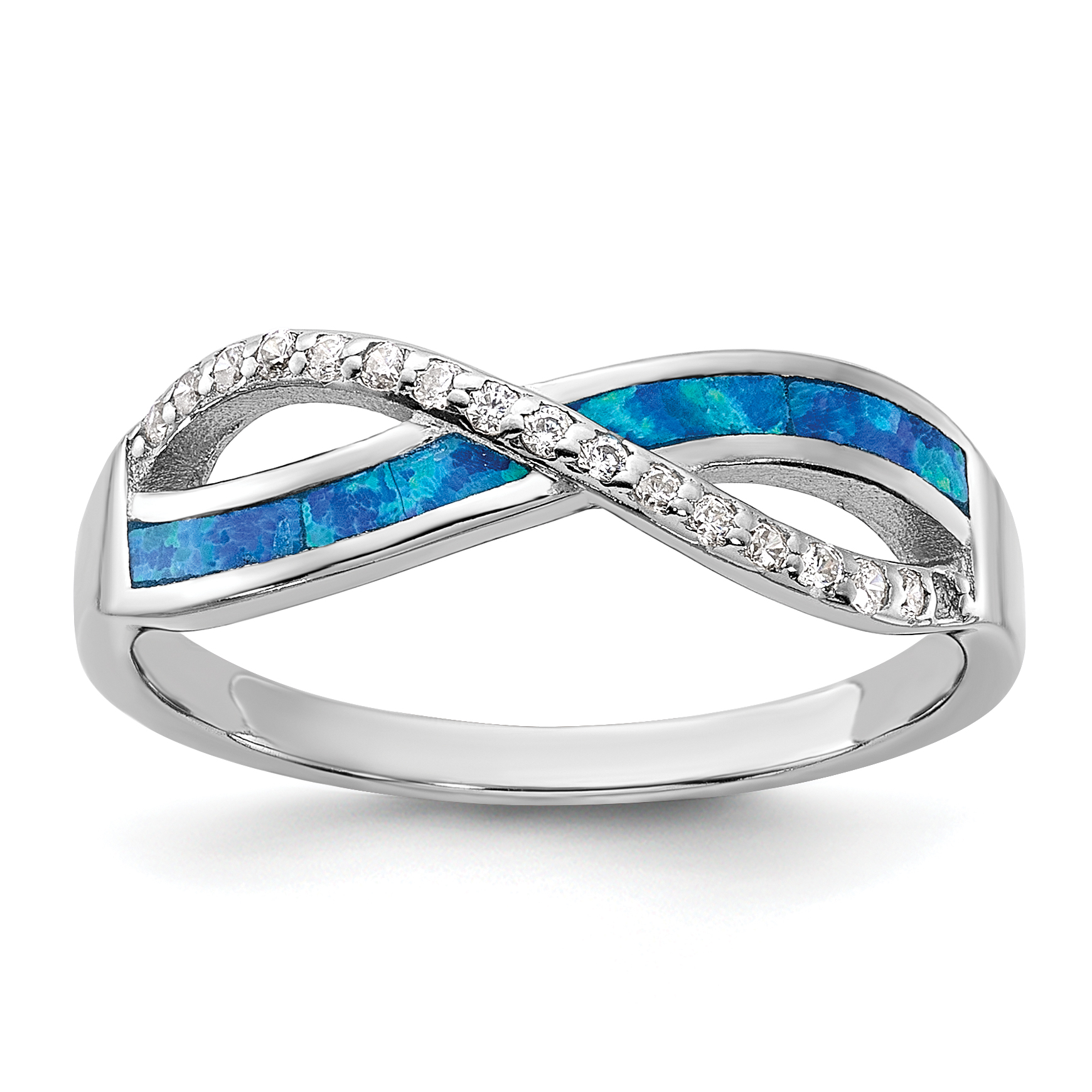 Sterling Silver RH-plated CZ and Blue Cr. Opal Inlay Infinity Symbol Ring (QR7468-7)