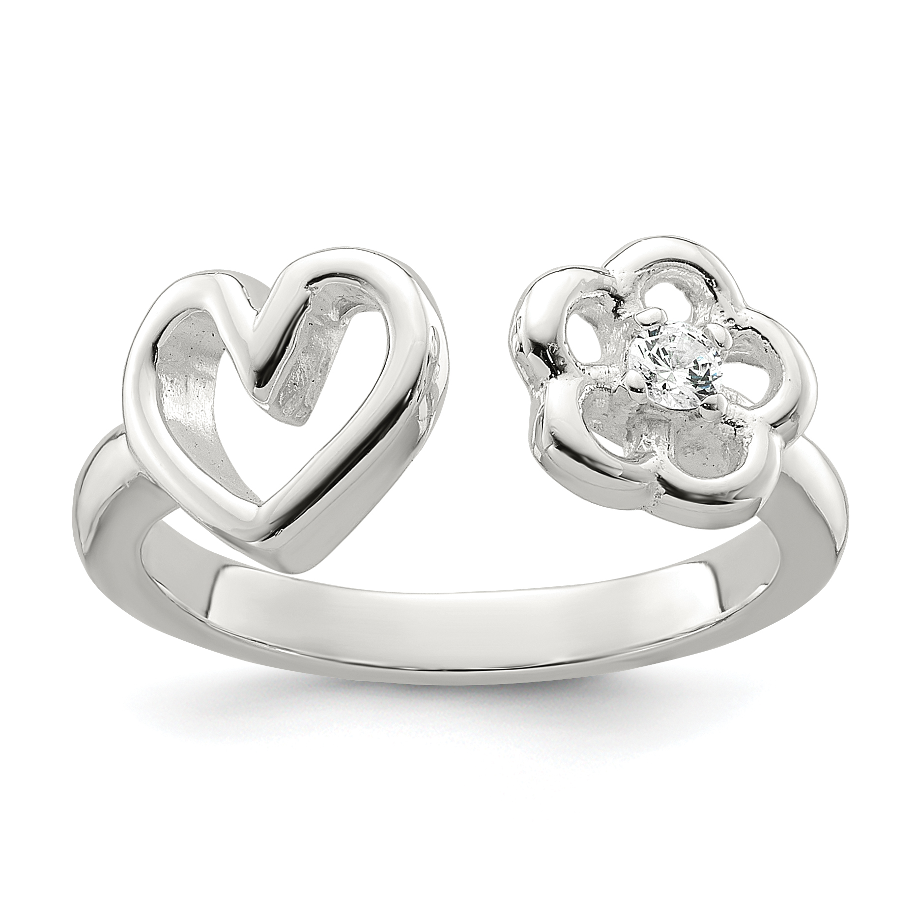 Sterling Silver Polished CZ Flower and Heart Open Ring (QR7471-6)