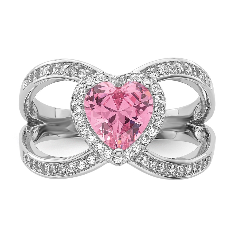 Sterling Silver Rhodium-plated Clear and Pink CZ Heart Ring (QR7473-6)
