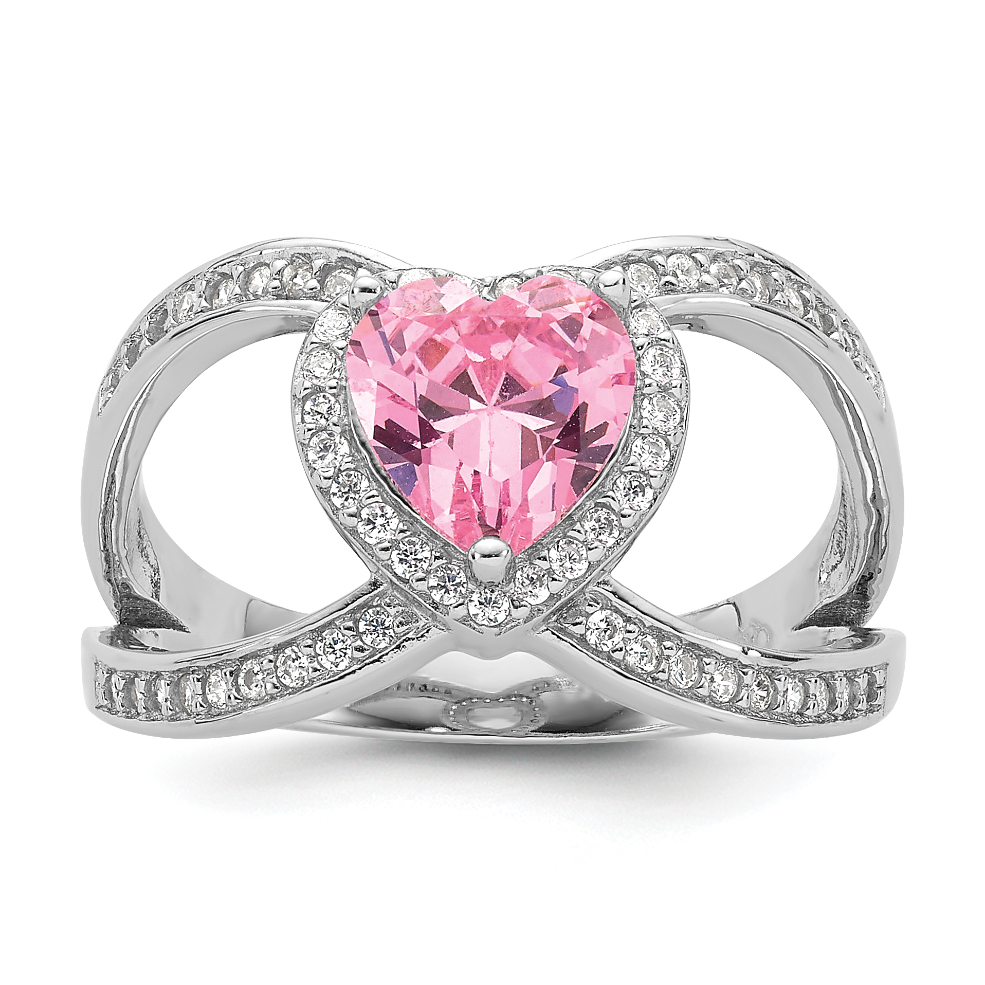 Sterling Silver Rhodium-plated Clear and Pink CZ Heart Ring (QR7473-6)