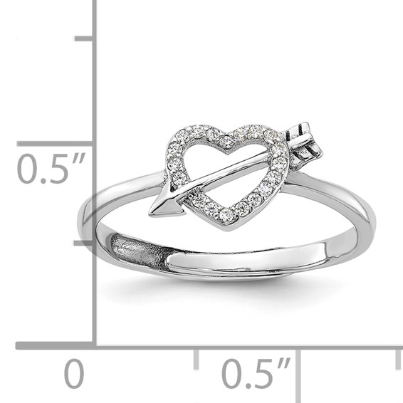 Sterling Silver Rhodium-plated CZ Heart with Arrow Adjustable Ring
