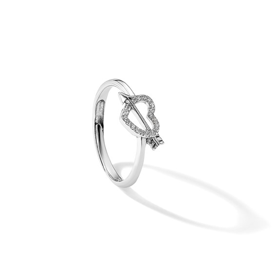 Sterling Silver Rhodium-plated CZ Heart with Arrow Adjustable Ring