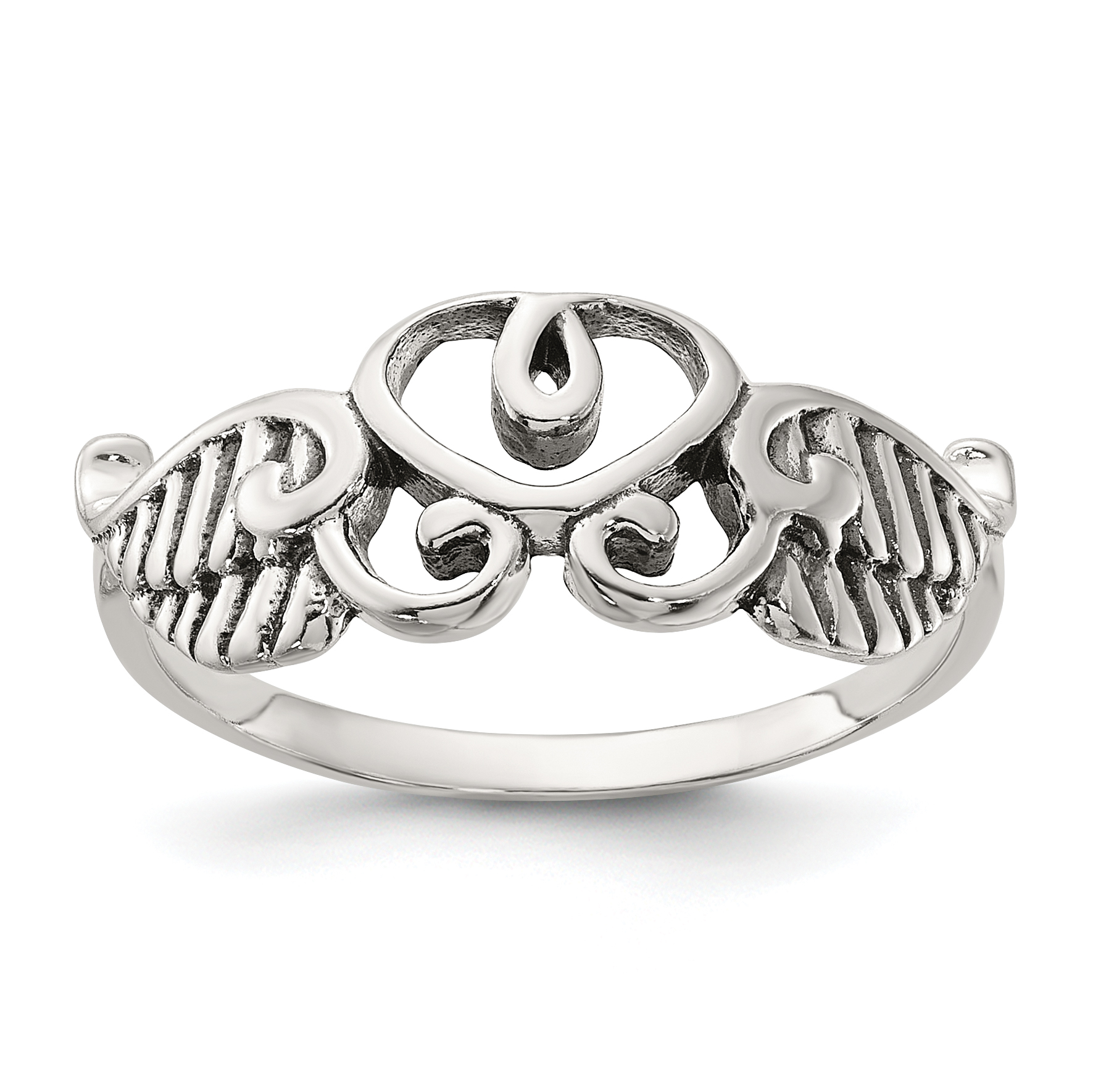 Sterling Silver Antiqued Heart with Leaves/Wings Ring (QR7482-6)
