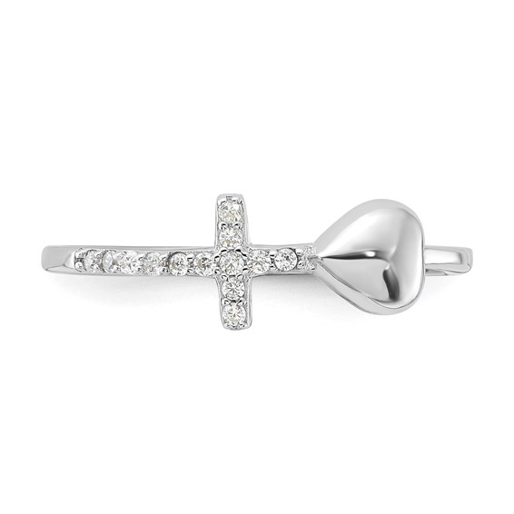 Sterling Silver Rhodium-plated Heart and CZ Cross Ring