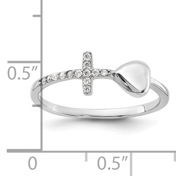 Sterling Silver Rhodium-plated Heart and CZ Cross Ring