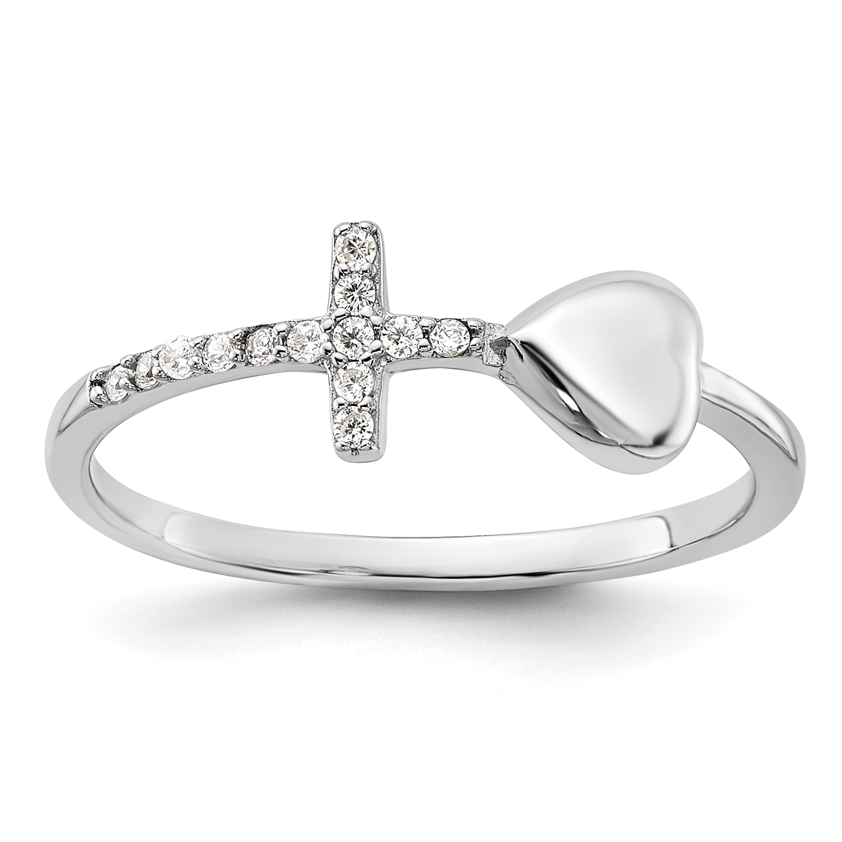 Sterling Silver Rhodium-plated Heart and CZ Cross Ring (QR7484-8)